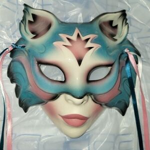 ABOUT FACE Clay Wall Art Ceramic Fantasy Mardi Gras Decorative CAT Wolf Mask